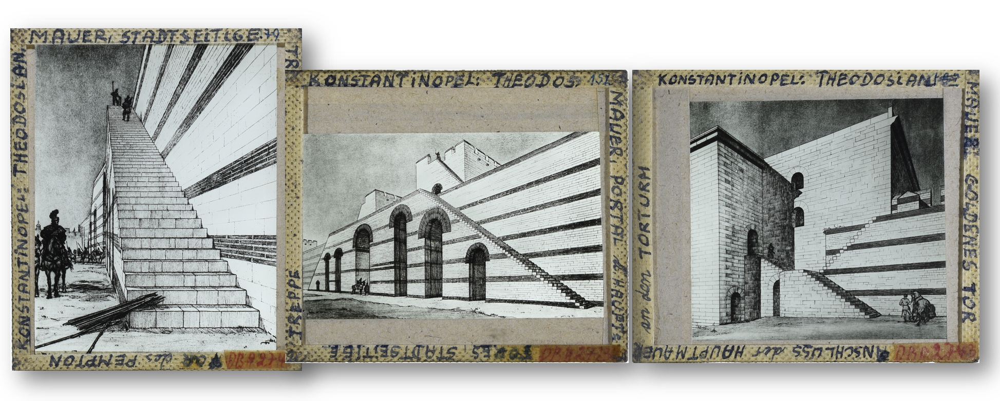 Glasdias mit Rekonstruktionszeichnungen der Stadtmauer von Konstantinopel