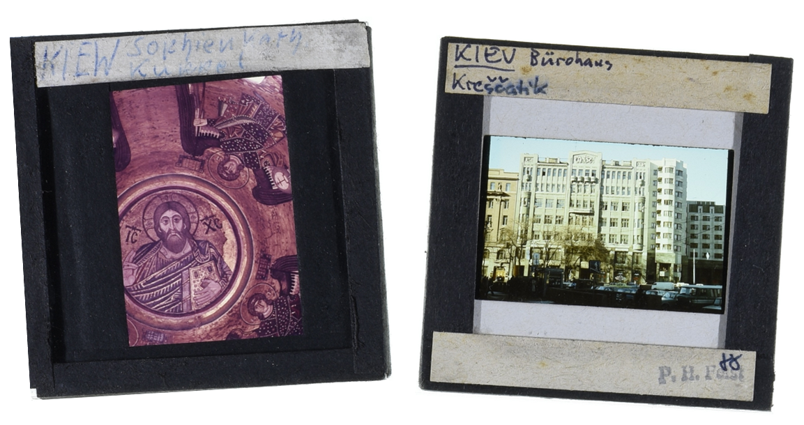 Glasdias mit Aufnahmen von Bauwerken in Kiew